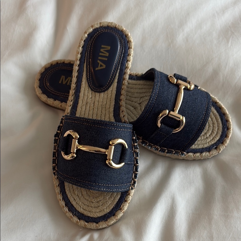 New! Never worn! MIA Denim Blue Slides with Metallic Gold Detail.